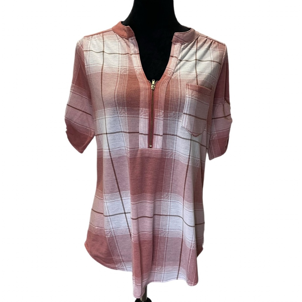 Blue Mood Plaid Quarter Zip Tunic Blouse Mauve Brown Beige M Roll Tab Sleeve Top